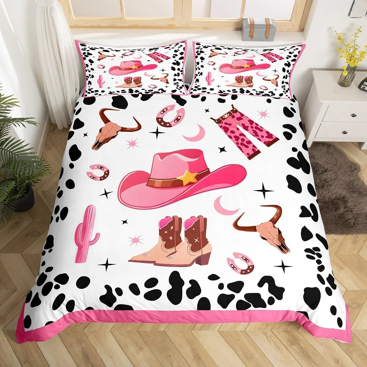 Erosebridal Cowgirl Duvet Cover Twin for Kids Boys Girls,Cowgirl Hat Boots Bedding Set Bedroom Ddecor,Farmhouse Bull Skull Bed Set,Milk Cow Pattern Quilt Cover with 1 Pillowcase for Bedroom