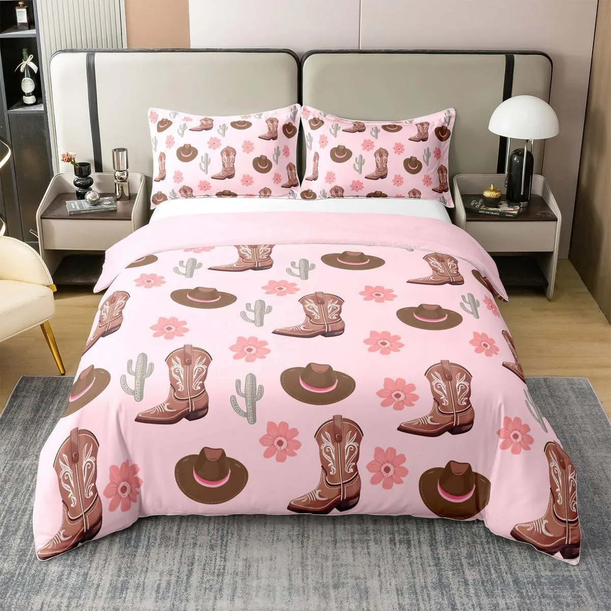 Erosebridal Cowgirls 100% Cotton Bedclothes King Size Hats Boots Bedding Set for Girls Women Cactus Floral Pink Brown Comforter Cover Soft Comfy Duvet Cover