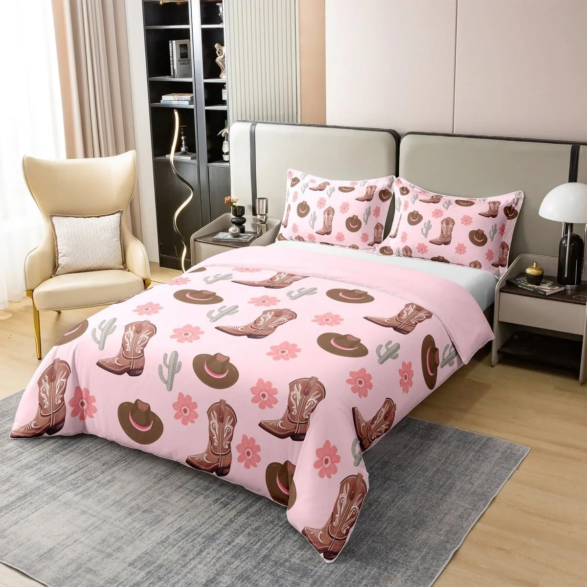 Erosebridal Cowgirls 100% Cotton Bedclothes King Size Hats Boots Bedding Set for Girls Women Cactus Floral Pink Brown Comforter Cover Soft Comfy Duvet Cover