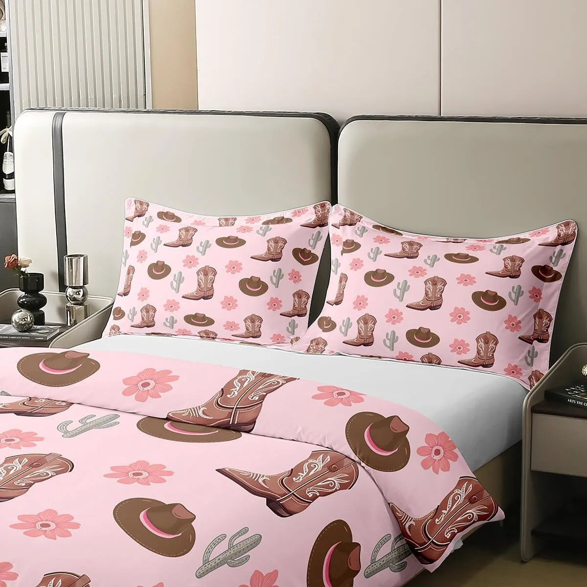 Erosebridal Cowgirls 100% Cotton Bedclothes King Size Hats Boots Bedding Set for Girls Women Cactus Floral Pink Brown Comforter Cover Soft Comfy Duvet Cover