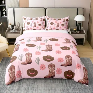 Erosebridal Cowgirls 100% Cotton Bedclothes King Size Hats Boots Bedding Set for Girls Women Cactus Floral Pink Brown Comforter Cover Soft Comfy Duvet Cover