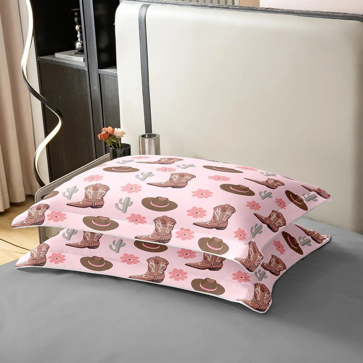 Erosebridal Cowgirls 100% Cotton Bedclothes King Size Hats Boots Bedding Set for Girls Women Cactus Floral Pink Brown Comforter Cover Soft Comfy Duvet Cover