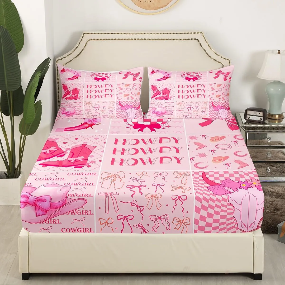 Erosebridal Disco Cowgirl Full Bedding Sets, Preppy Bed Sheets for Girls Teen, Western Cowboy Cowgirl Boots Hat Fitted Sheet Hot Pink Cowgirl Howdy Sheets, College Dorm Decor, 2 Pillow Cases