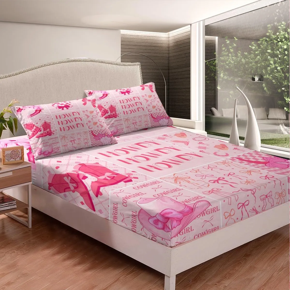 Erosebridal Disco Cowgirl Full Bedding Sets, Preppy Bed Sheets for Girls Teen, Western Cowboy Cowgirl Boots Hat Fitted Sheet Hot Pink Cowgirl Howdy Sheets, College Dorm Decor, 2 Pillow Cases