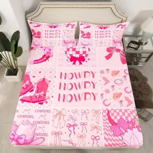 Erosebridal Disco Cowgirl Full Bedding Sets, Preppy Bed Sheets for Girls Teen, Western Cowboy Cowgirl Boots Hat Fitted Sheet Hot Pink Cowgirl Howdy Sheets, College Dorm Decor, 2 Pillow Cases