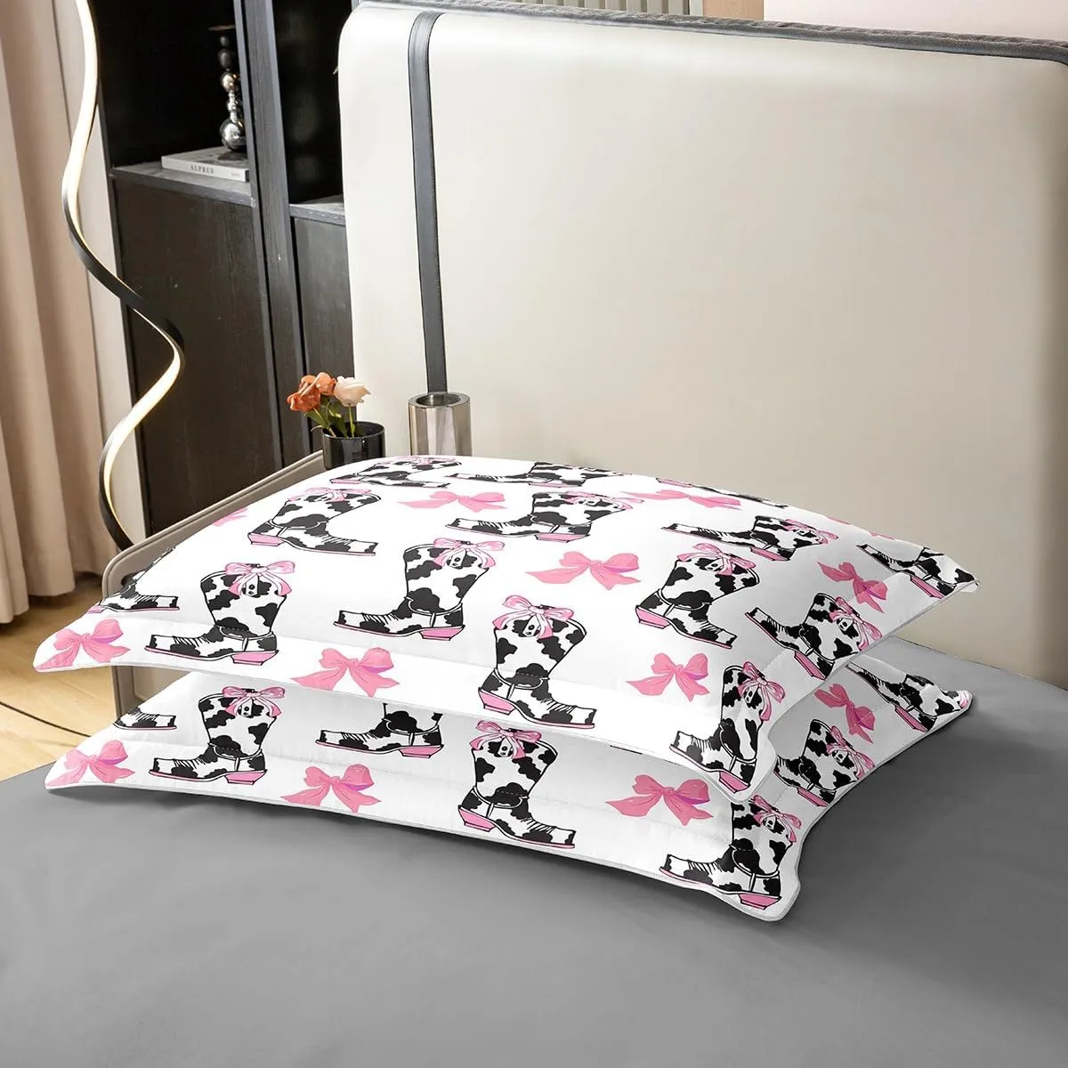 Erosebridal Western Cowboy Bedding Set Funny Cows Print Boots Comforter Cover King Size for Boys Kids Girls Pink Romantic Bow Knot Duvet Cover Comfy Cute Art Aesthetic Theme Home Decor,2 Pillowcases