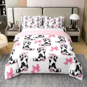 Erosebridal Western Cowboy Bedding Set Funny Cows Print Boots Comforter Cover King Size for Boys Kids Girls Pink Romantic Bow Knot Duvet Cover Comfy Cute Art Aesthetic Theme Home Decor,2 Pillowcases