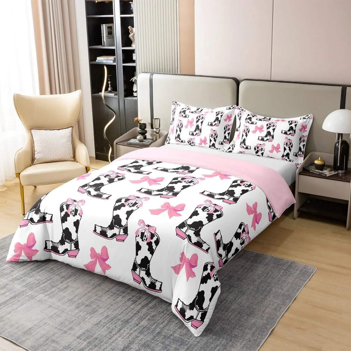 Erosebridal Western Cowboy Bedding Set Funny Cows Print Boots Comforter Cover King Size for Boys Kids Girls Pink Romantic Bow Knot Duvet Cover Comfy Cute Art Aesthetic Theme Home Decor,2 Pillowcases