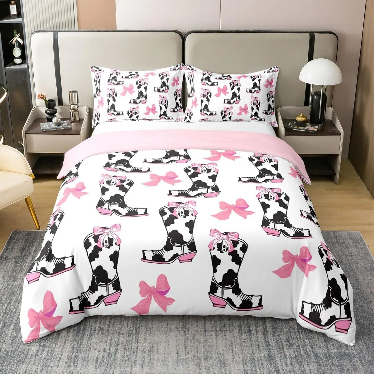 Erosebridal Western Cowboy Bedding Set Funny Cows Print Boots Comforter Cover King Size for Boys Kids Girls Pink Romantic Bow Knot Duvet Cover Comfy Cute Art Aesthetic Theme Home Decor,2 Pillowcases