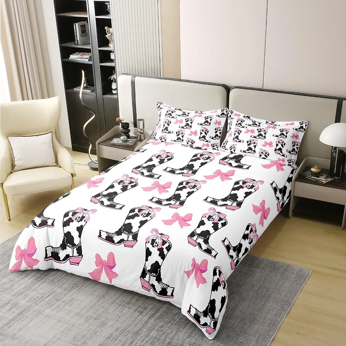 Erosebridal Western Cowboy Bedding Set Funny Cows Print Boots Comforter Cover King Size for Boys Kids Girls Pink Romantic Bow Knot Duvet Cover Comfy Cute Art Aesthetic Theme Home Decor,2 Pillowcases