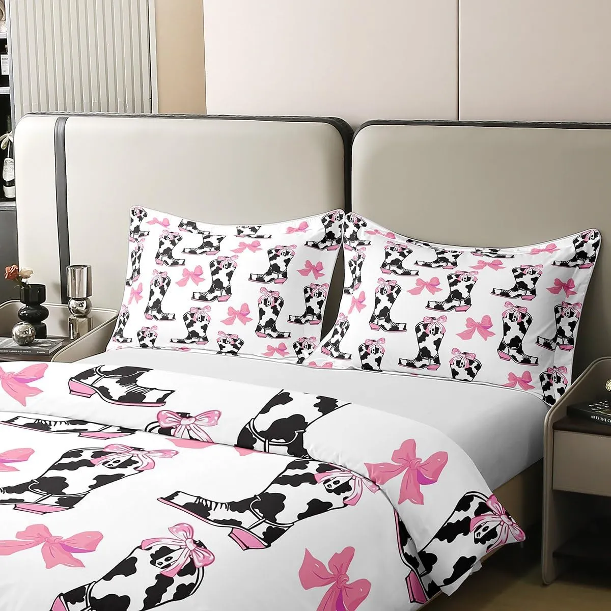 Erosebridal Western Cowboy Bedding Set Funny Cows Print Boots Comforter Cover King Size for Boys Kids Girls Pink Romantic Bow Knot Duvet Cover Comfy Cute Art Aesthetic Theme Home Decor,2 Pillowcases