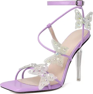Esvowido High Heel Sandals for Women, Ankle Strap Butterfly Strappy Open Toe High Heels, Square Toe Clear Stiletto Heeled Sandals, Butterfly Heels 4 Inches
