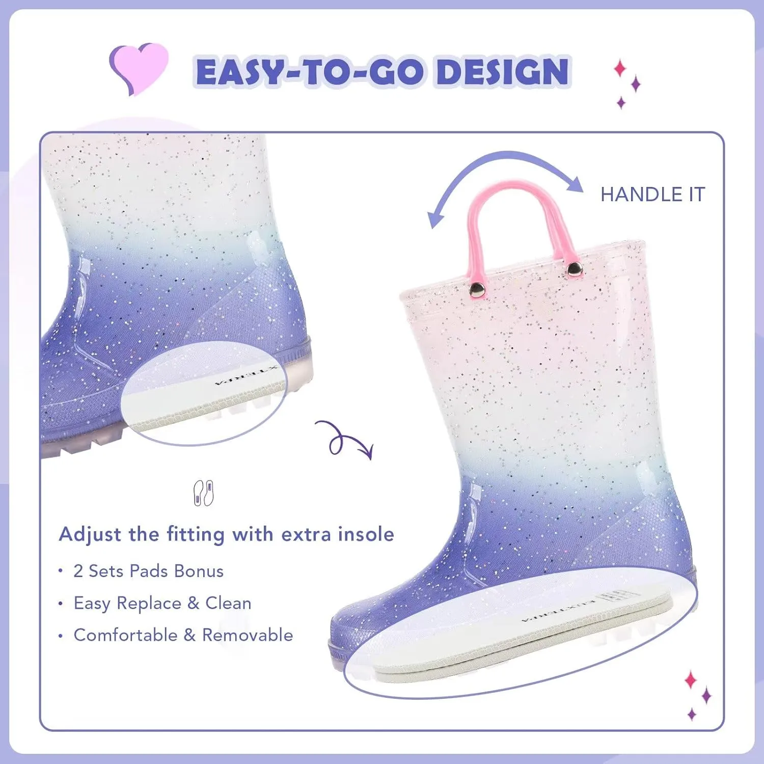 EUXTERPA Kids Toddler Light Up Rain Boots Boys Girls Waterproof Patterns and Glitter Boots with Easy On Handles