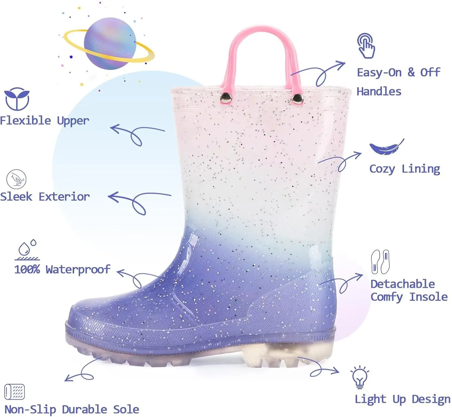 EUXTERPA Kids Toddler Light Up Rain Boots Boys Girls Waterproof Patterns and Glitter Boots with Easy On Handles