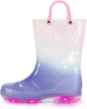 EUXTERPA Kids Toddler Light Up Rain Boots Boys Girls Waterproof Patterns and Glitter Boots with Easy On Handles