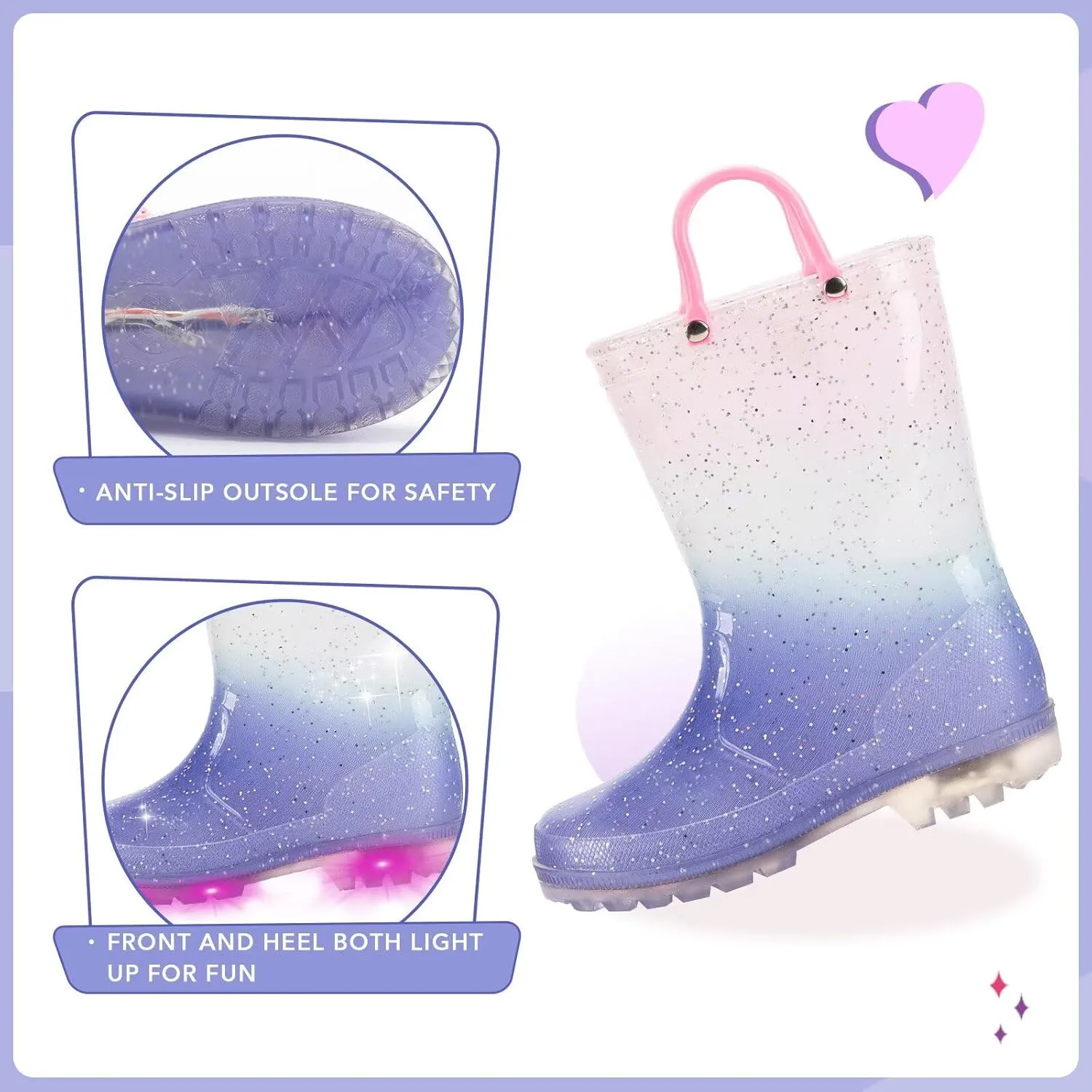 EUXTERPA Kids Toddler Light Up Rain Boots Boys Girls Waterproof Patterns and Glitter Boots with Easy On Handles