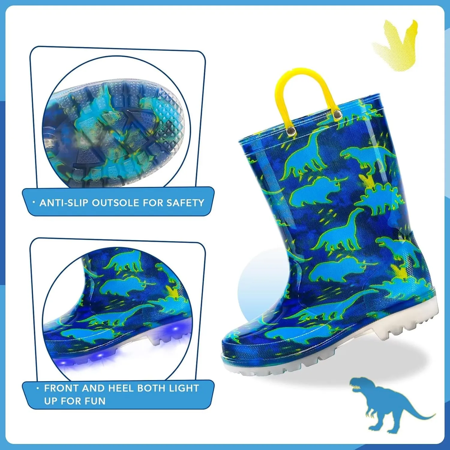 EUXTERPA Kids Toddler Light Up Rain Boots Boys Girls Waterproof Patterns and Glitter Boots with Easy On Handles