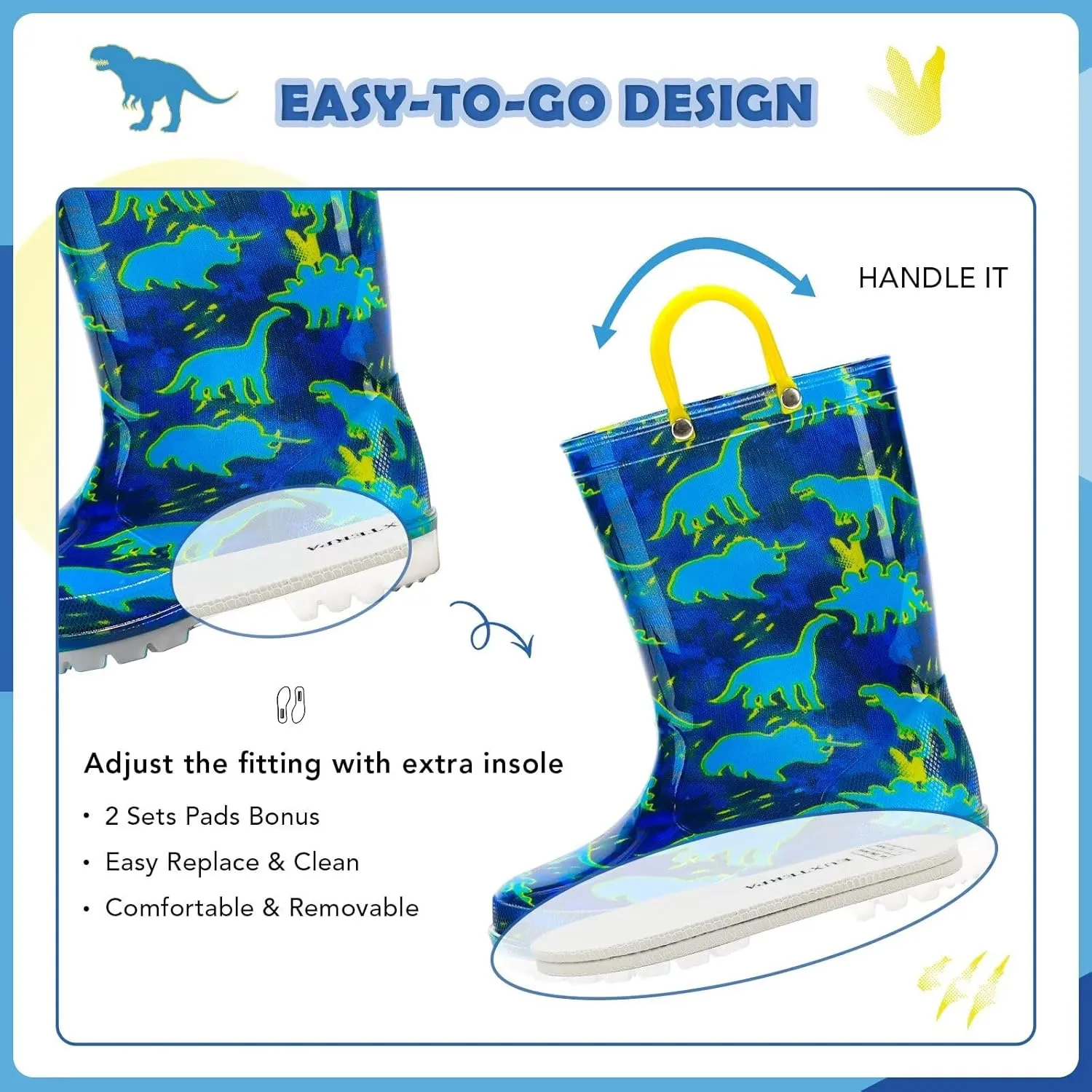 EUXTERPA Kids Toddler Light Up Rain Boots Boys Girls Waterproof Patterns and Glitter Boots with Easy On Handles