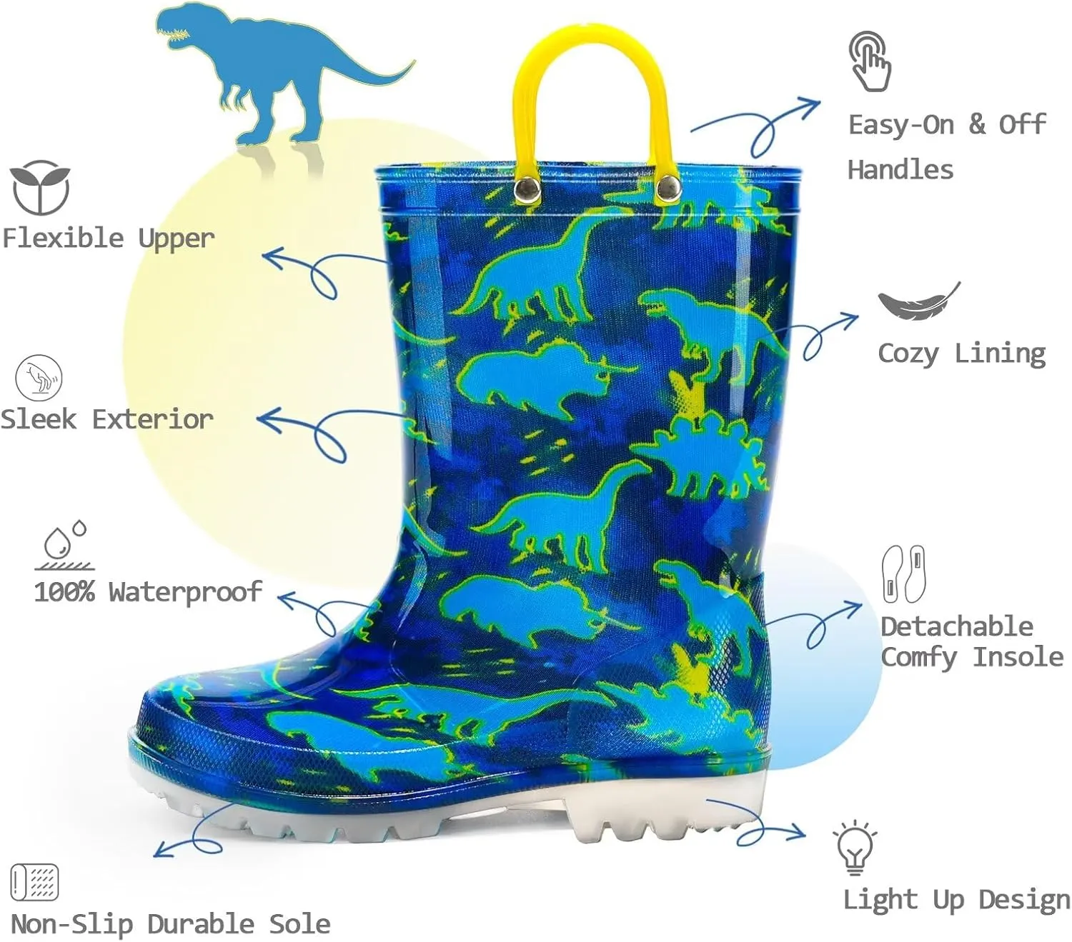 EUXTERPA Kids Toddler Light Up Rain Boots Boys Girls Waterproof Patterns and Glitter Boots with Easy On Handles