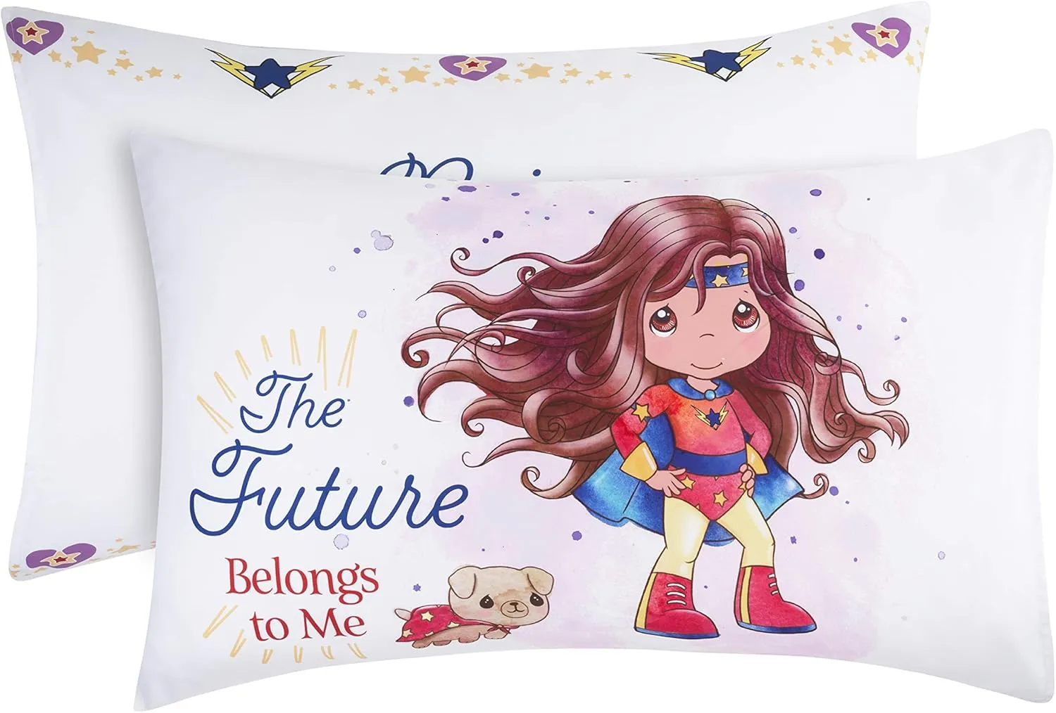 EVERYDAY KIDS Precious Moments 4 Pc Toddler Bedding Set Starring Isabella The Super Hero and Her Dog Comforter, Flat Sheet, Fitted Sheet and Pillowcase in Lavender (Light Purple), White and Red