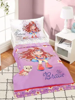 EVERYDAY KIDS Precious Moments 4 Pc Toddler Bedding Set Starring Isabella The Super Hero and Her Dog Comforter, Flat Sheet, Fitted Sheet and Pillowcase in Lavender (Light Purple), White and Red