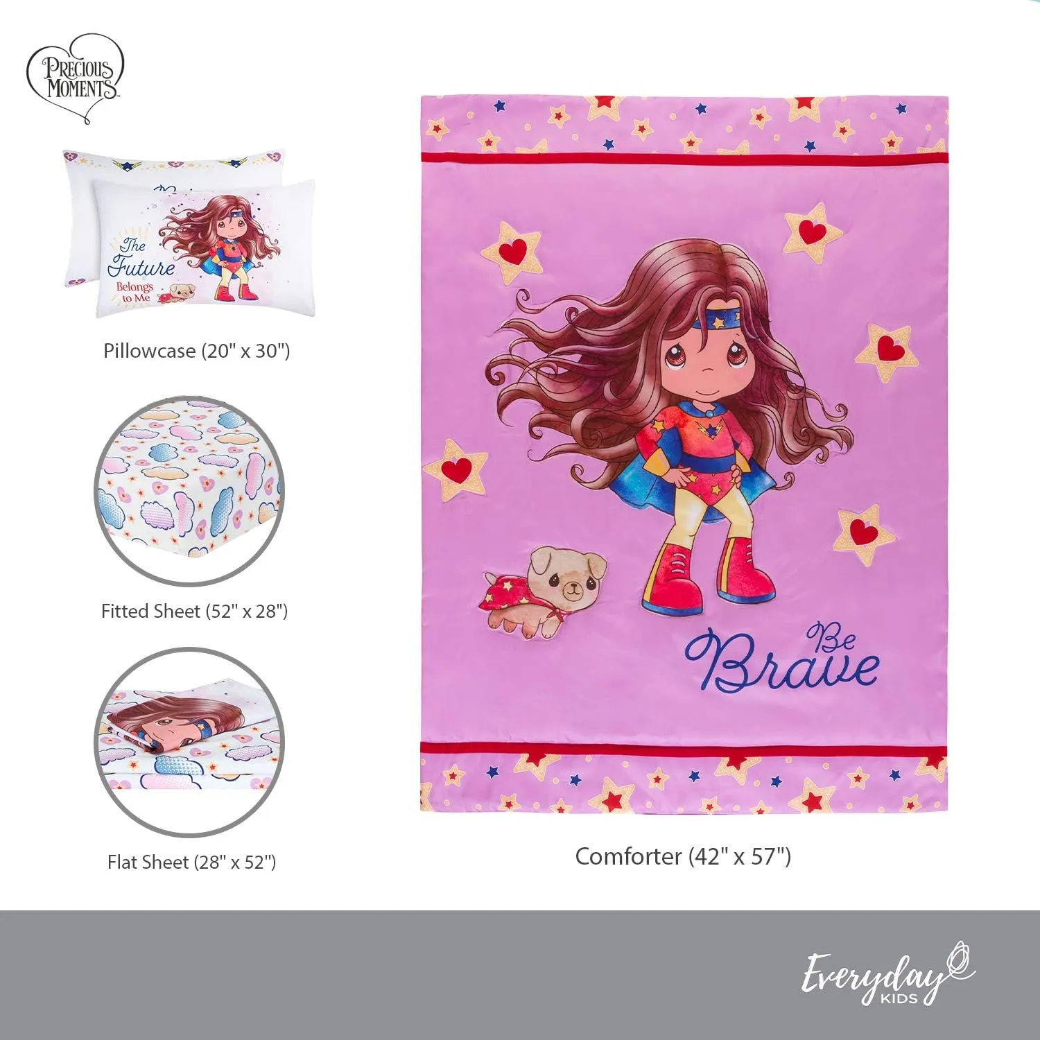 EVERYDAY KIDS Precious Moments 4 Pc Toddler Bedding Set Starring Isabella The Super Hero and Her Dog Comforter, Flat Sheet, Fitted Sheet and Pillowcase in Lavender (Light Purple), White and Red