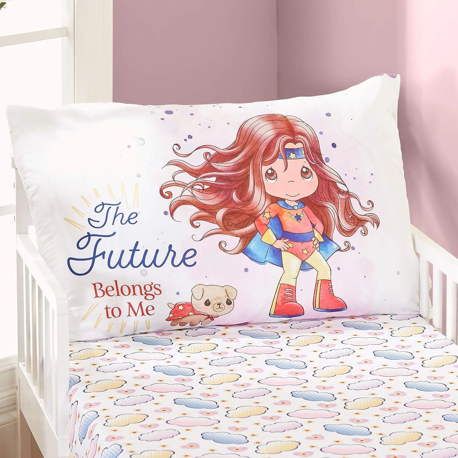 EVERYDAY KIDS Precious Moments 4 Pc Toddler Bedding Set Starring Isabella The Super Hero and Her Dog Comforter, Flat Sheet, Fitted Sheet and Pillowcase in Lavender (Light Purple), White and Red
