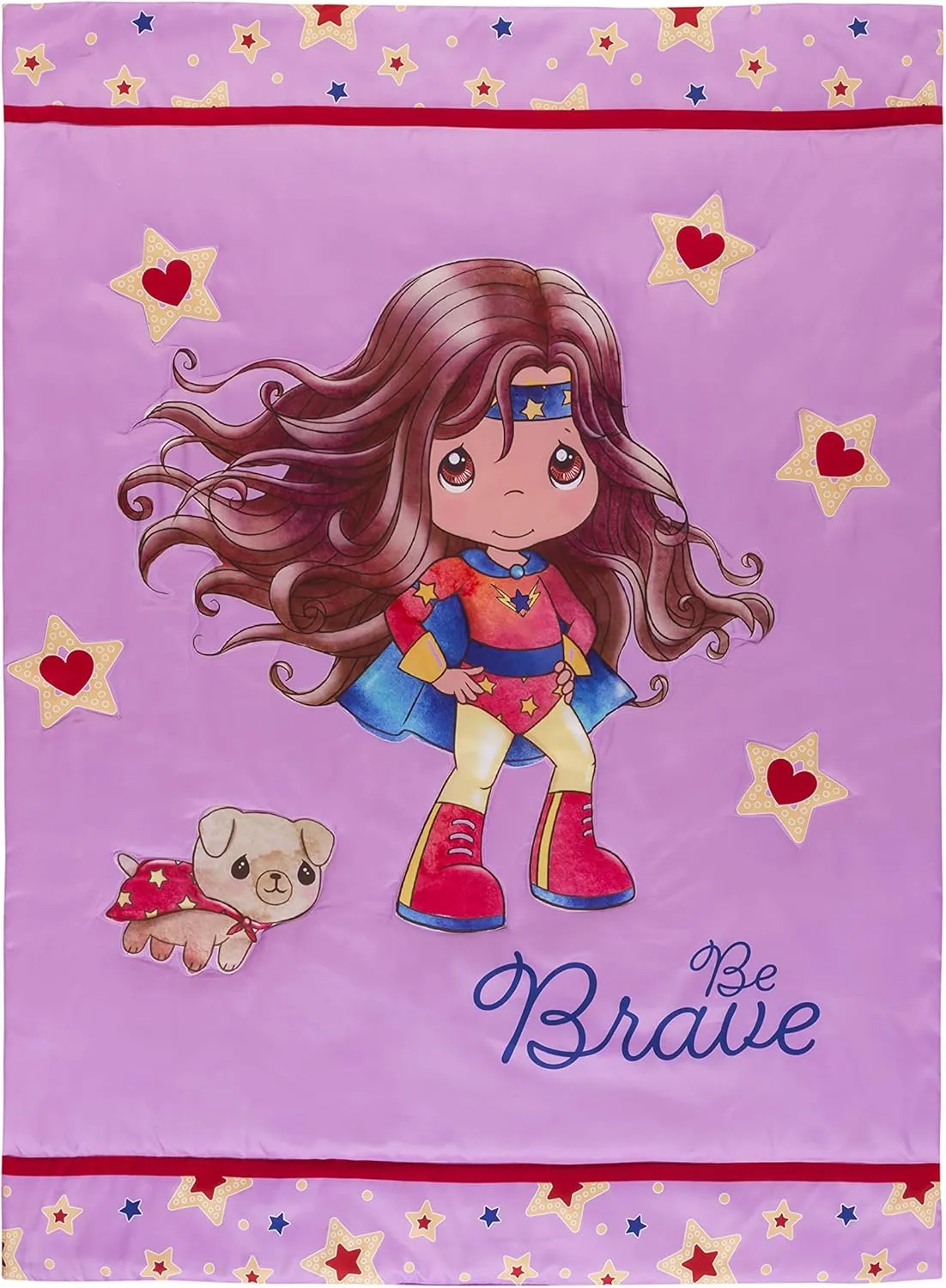 EVERYDAY KIDS Precious Moments 4 Pc Toddler Bedding Set Starring Isabella The Super Hero and Her Dog Comforter, Flat Sheet, Fitted Sheet and Pillowcase in Lavender (Light Purple), White and Red