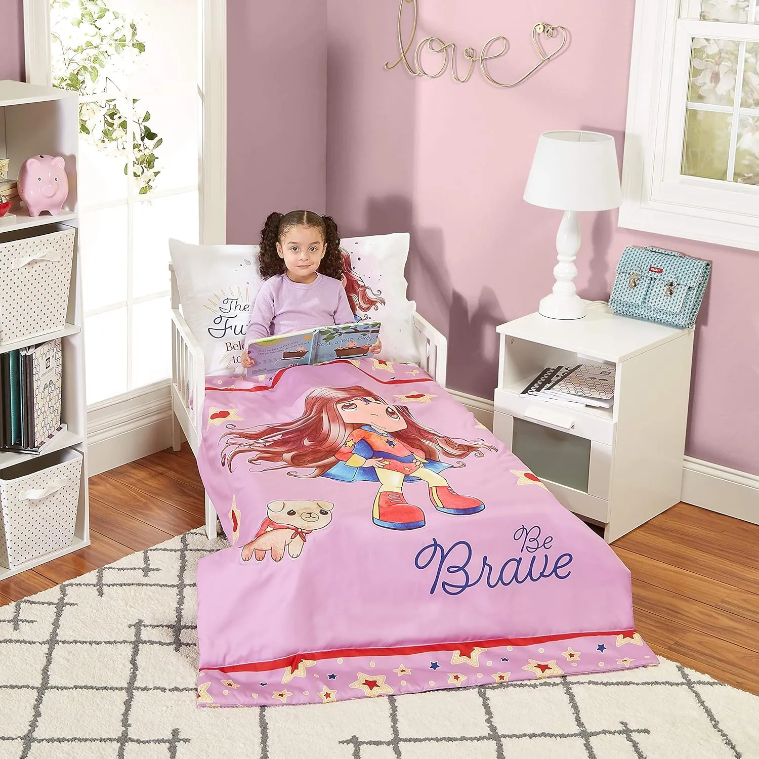 EVERYDAY KIDS Precious Moments 4 Pc Toddler Bedding Set Starring Isabella The Super Hero and Her Dog Comforter, Flat Sheet, Fitted Sheet and Pillowcase in Lavender (Light Purple), White and Red