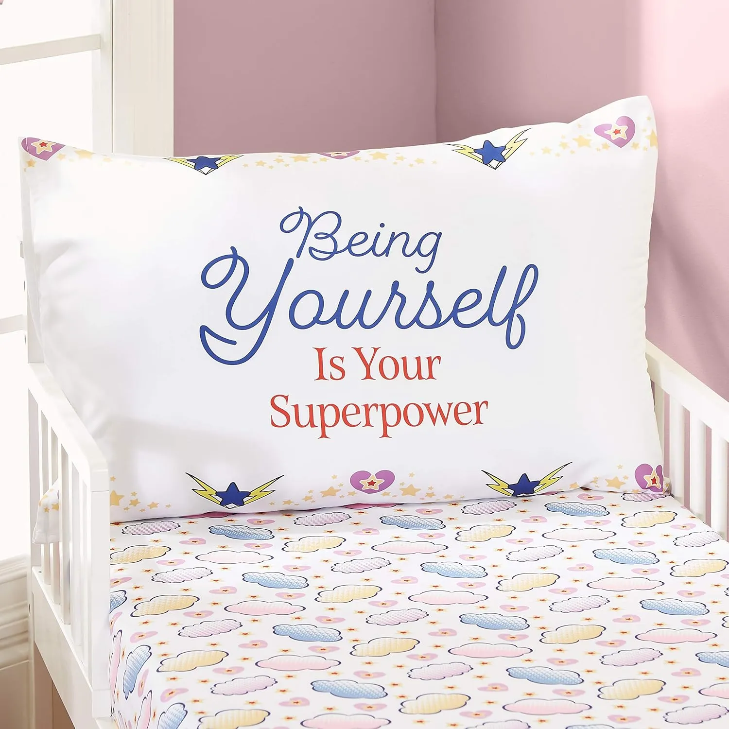EVERYDAY KIDS Precious Moments 4 Pc Toddler Bedding Set Starring Isabella The Super Hero and Her Dog Comforter, Flat Sheet, Fitted Sheet and Pillowcase in Lavender (Light Purple), White and Red