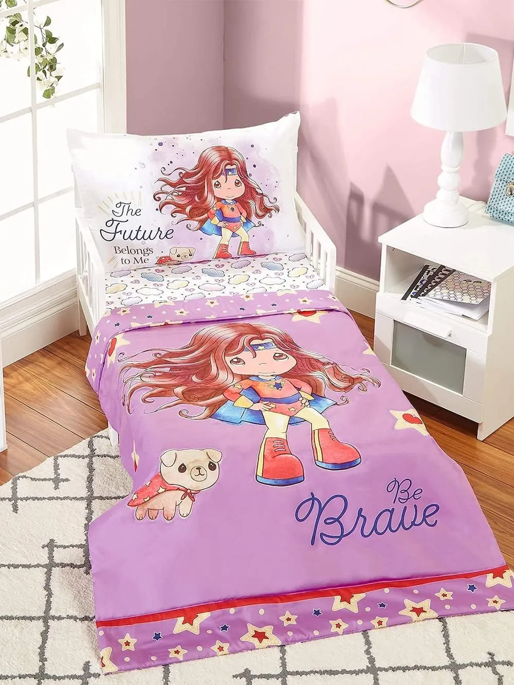 EVERYDAY KIDS Precious Moments 4 Pc Toddler Bedding Set Starring Isabella The Super Hero and Her Dog Comforter, Flat Sheet, Fitted Sheet and Pillowcase in Lavender (Light Purple), White and Red