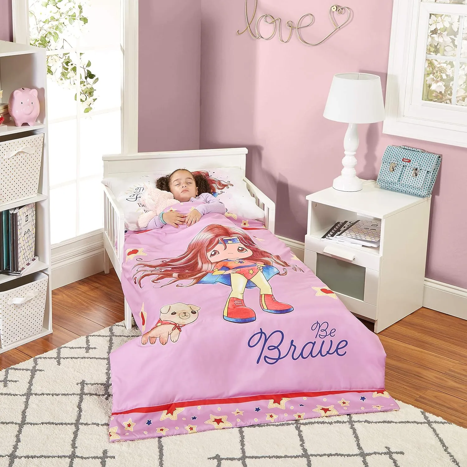 EVERYDAY KIDS Precious Moments 4 Pc Toddler Bedding Set Starring Isabella The Super Hero and Her Dog Comforter, Flat Sheet, Fitted Sheet and Pillowcase in Lavender (Light Purple), White and Red