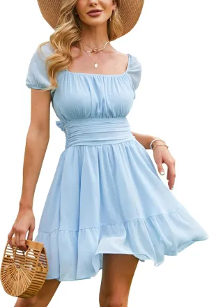 EXLURA Women's 2025 Summer Short Puff Sleeve Casual Short Mini Dresses Tie Back Square Neck A-Line Sundress