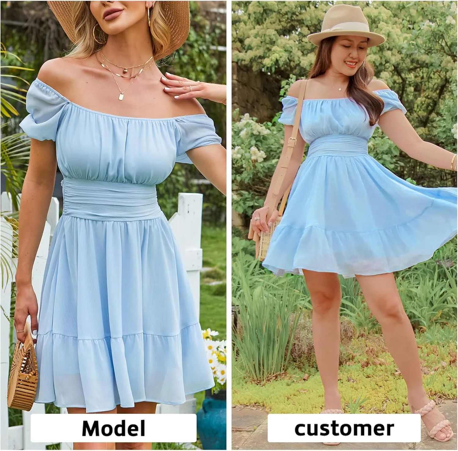 EXLURA Women's 2025 Summer Short Puff Sleeve Casual Short Mini Dresses Tie Back Square Neck A-Line Sundress