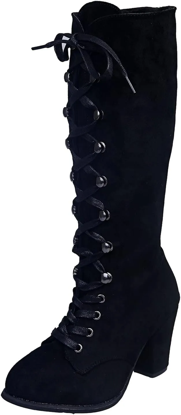 Fall Boots for Women 2023 Cowboy Boots Vintage Knee High Boots Lace Up Boots Chunky Heels Gothic Mid Calf Boots Retro