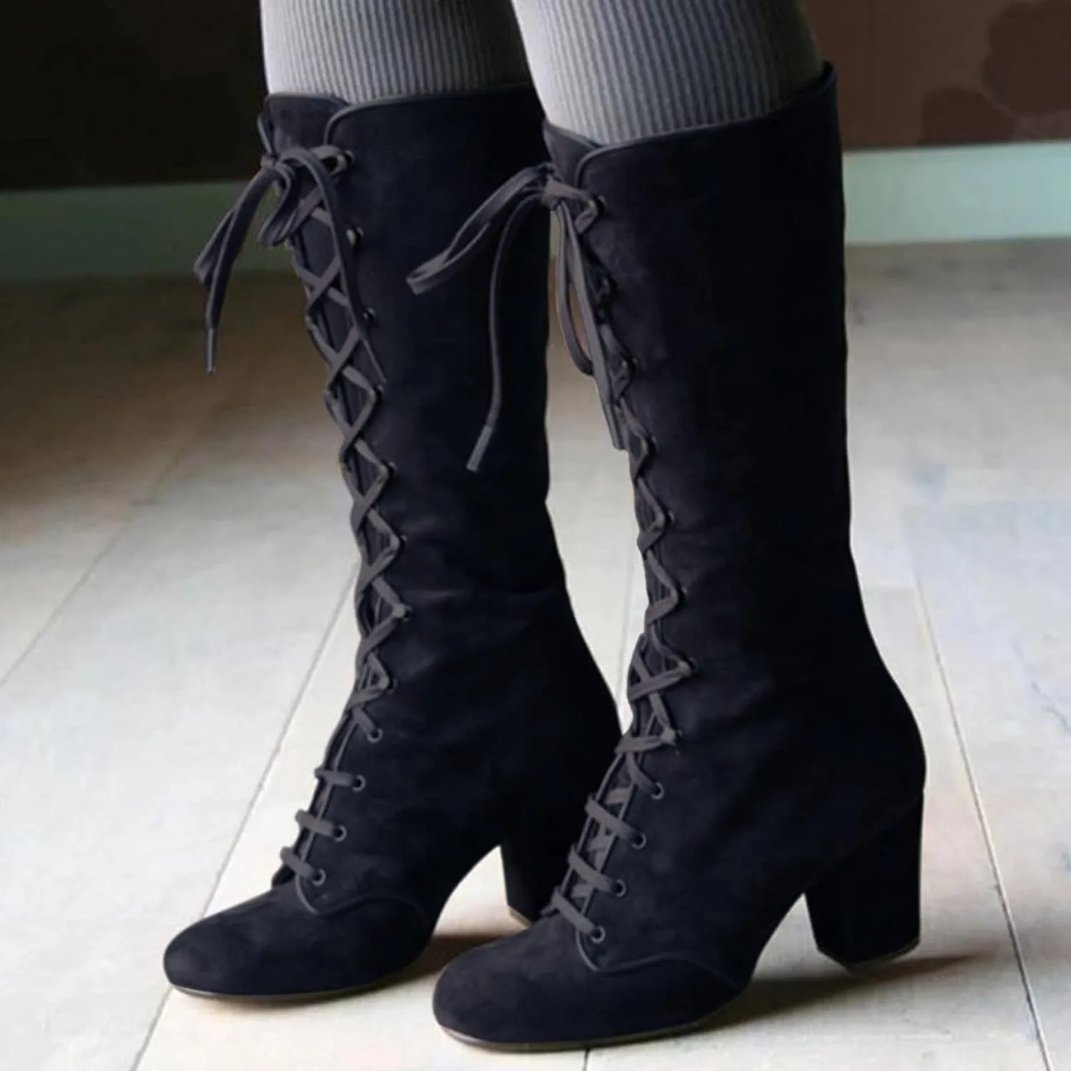 Fall Boots for Women 2023 Cowboy Boots Vintage Knee High Boots Lace Up Boots Chunky Heels Gothic Mid Calf Boots Retro