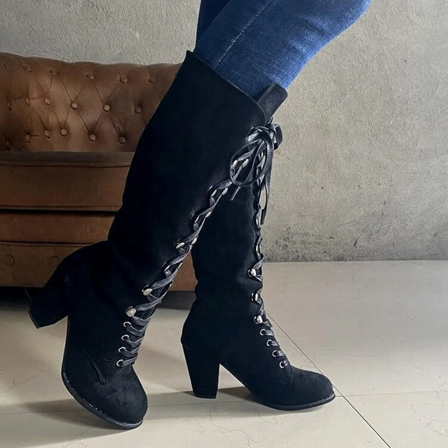 Fall Boots for Women 2023 Cowboy Boots Vintage Knee High Boots Lace Up Boots Chunky Heels Gothic Mid Calf Boots Retro