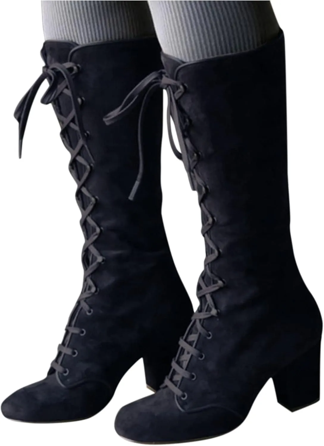 Fall Boots for Women 2023 Cowboy Boots Vintage Knee High Boots Lace Up Boots Chunky Heels Gothic Mid Calf Boots Retro