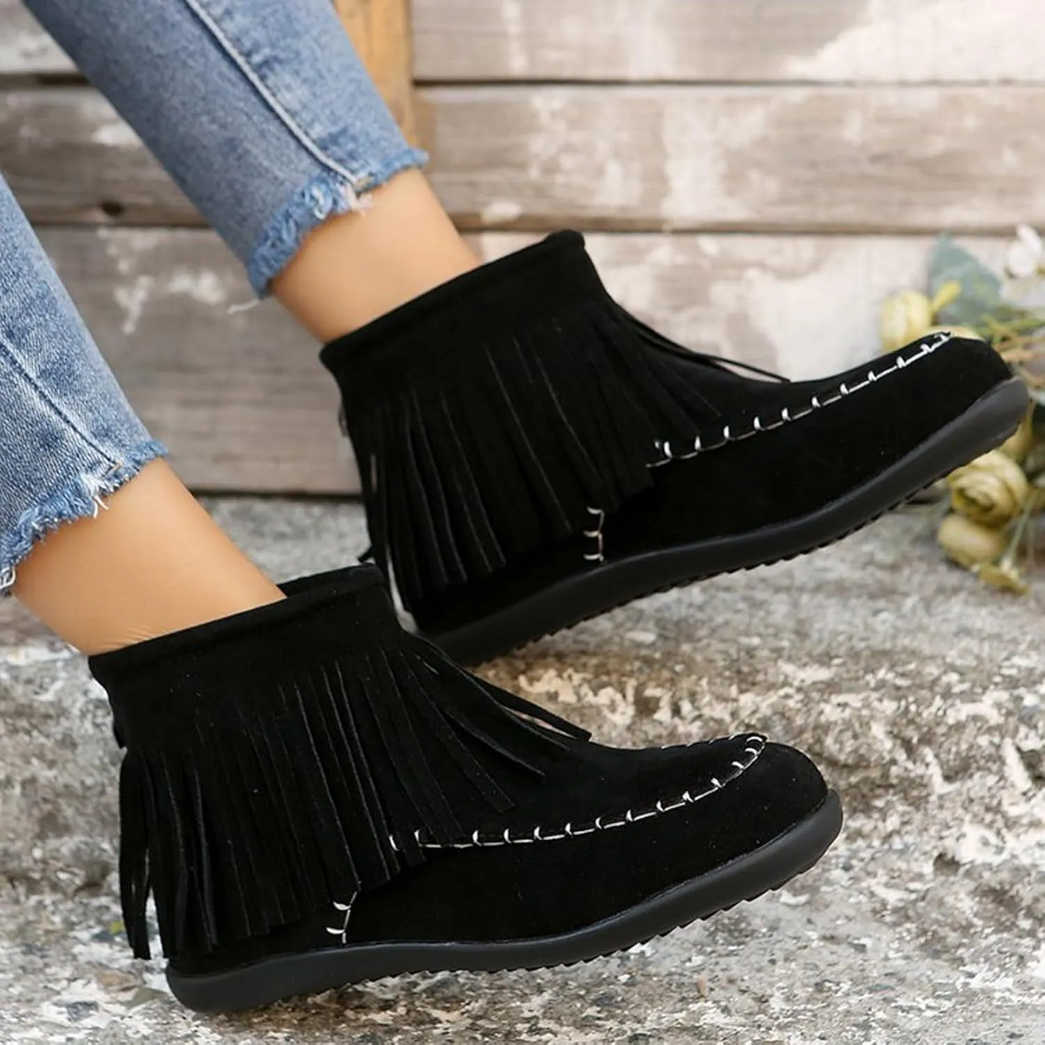Fall Boots Womens Flat Western Ankle Boots Round Toe Slip On Fringe Ankle Booties with Back Zip Up Fall Spring