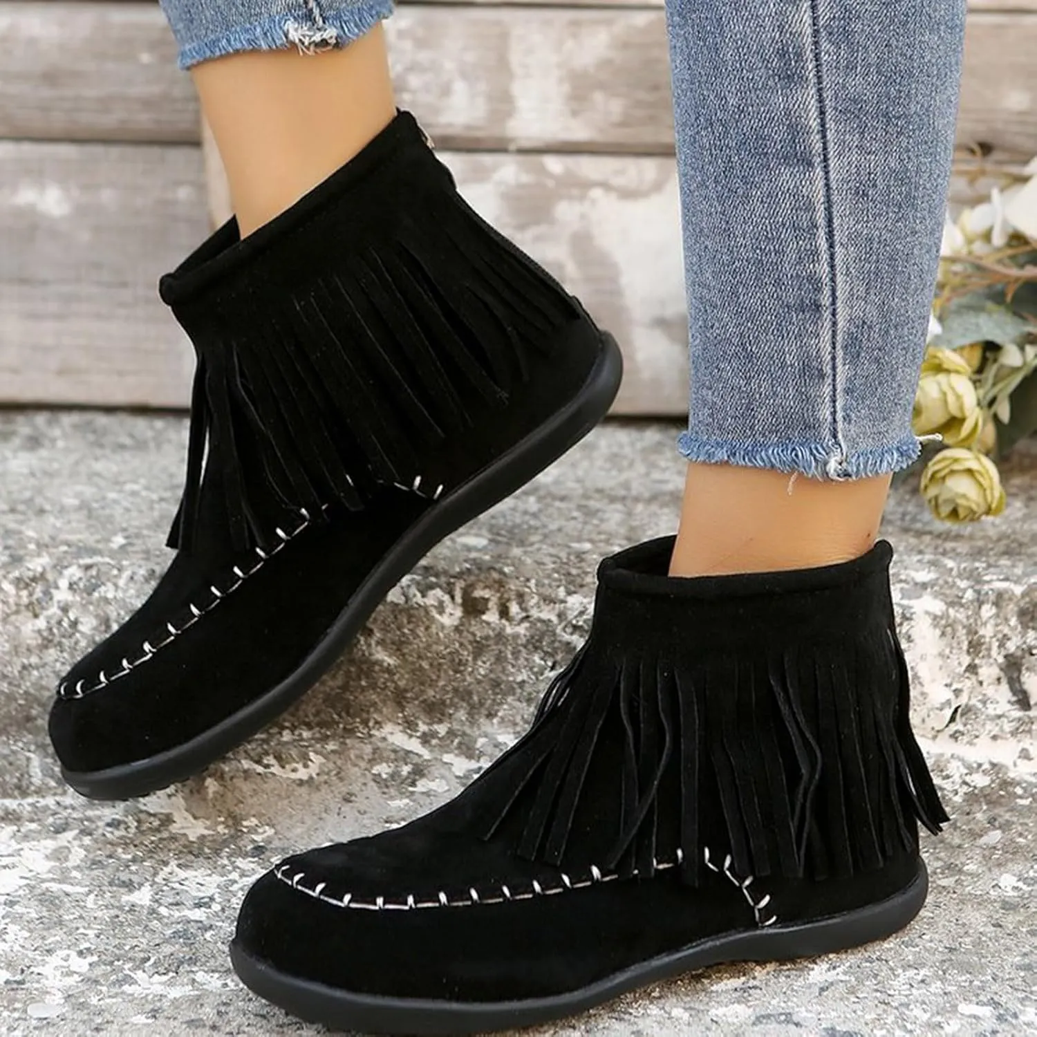Fall Boots Womens Flat Western Ankle Boots Round Toe Slip On Fringe Ankle Booties with Back Zip Up Fall Spring
