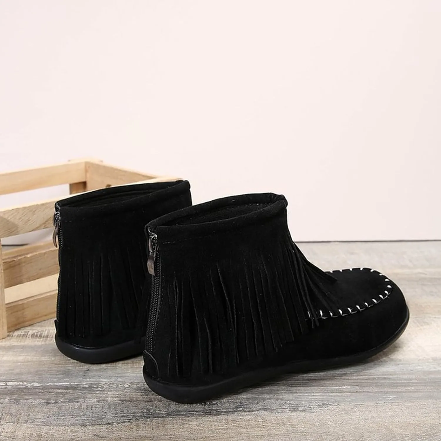 Fall Boots Womens Flat Western Ankle Boots Round Toe Slip On Fringe Ankle Booties with Back Zip Up Fall Spring