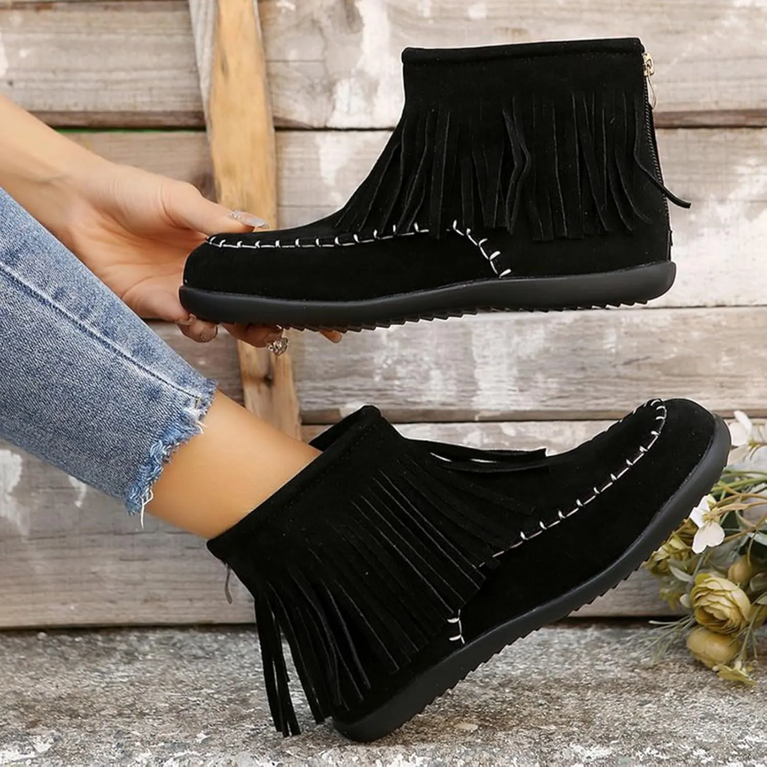 Fall Boots Womens Flat Western Ankle Boots Round Toe Slip On Fringe Ankle Booties with Back Zip Up Fall Spring