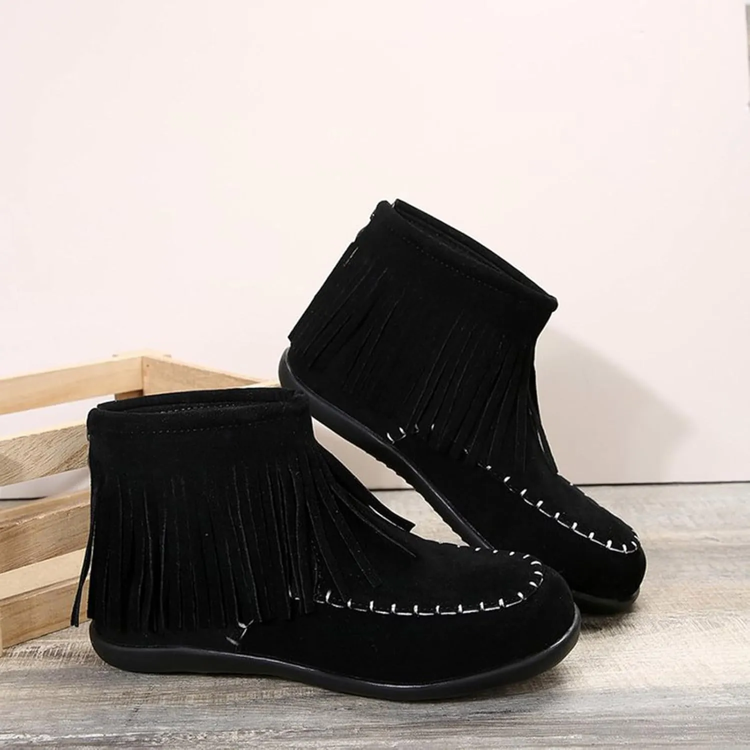 Fall Boots Womens Flat Western Ankle Boots Round Toe Slip On Fringe Ankle Booties with Back Zip Up Fall Spring