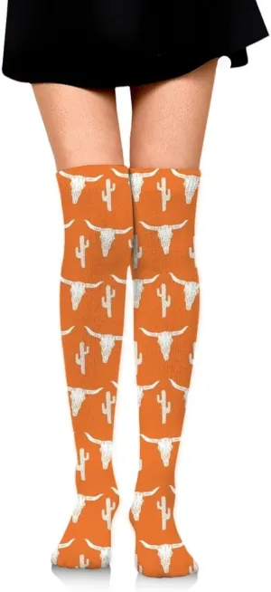 Fashion Casual Longhorn Cattle Cow Texas Skull Cactus Over The Knee Boot Socks Winter Warm Thigh High Cotton Dress Socks Soft Leg Warmers For Women Teens Girls