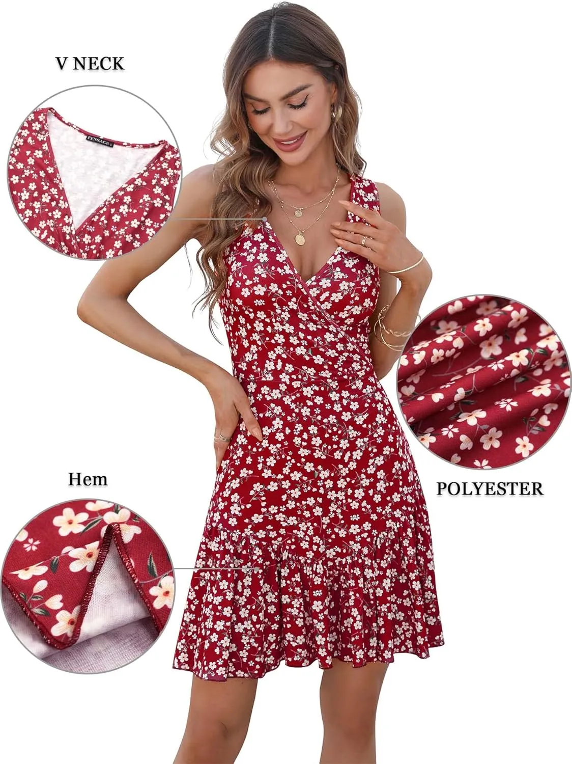 FENSACE Women's Summer Sleeveless Sexy Wrap V Neck Floral Sundress Mini Dress