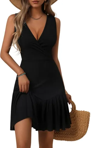 FENSACE Women's Summer Sleeveless Sexy Wrap V Neck Floral Sundress Mini Dress