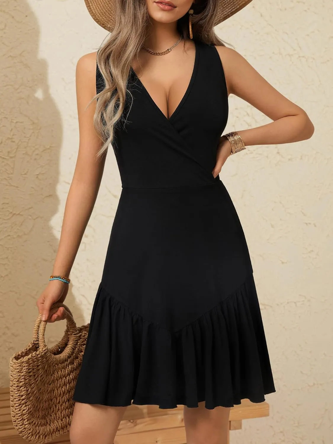 FENSACE Women's Summer Sleeveless Sexy Wrap V Neck Floral Sundress Mini Dress