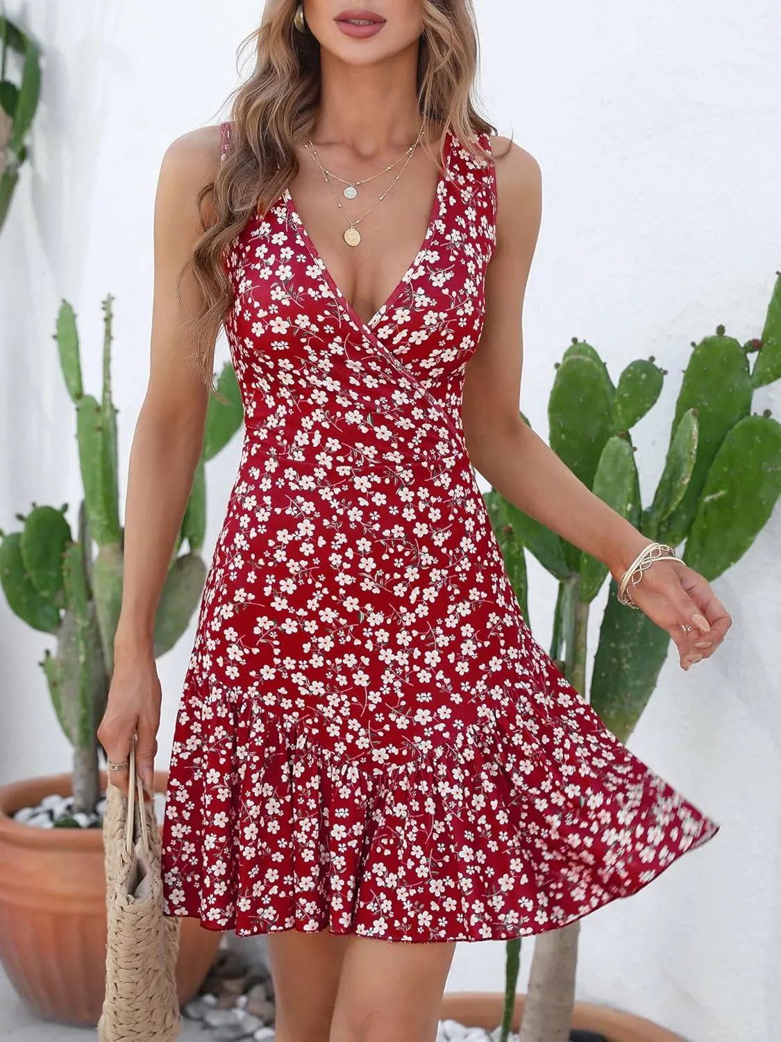 FENSACE Women's Summer Sleeveless Sexy Wrap V Neck Floral Sundress Mini Dress