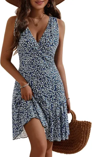 FENSACE Women's Summer Sleeveless Sexy Wrap V Neck Floral Sundress Mini Dress