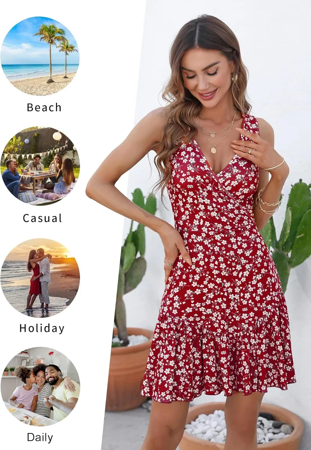 FENSACE Women's Summer Sleeveless Sexy Wrap V Neck Floral Sundress Mini Dress